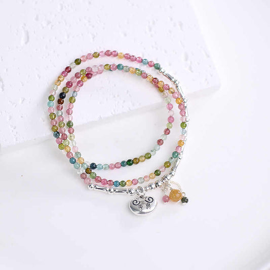 Harmony Loop Necklace Bracelet 2-Way Wear – Rainbow Tourmaline & Sterling Silver Charm for Peace, Luck & Vibrant Energy