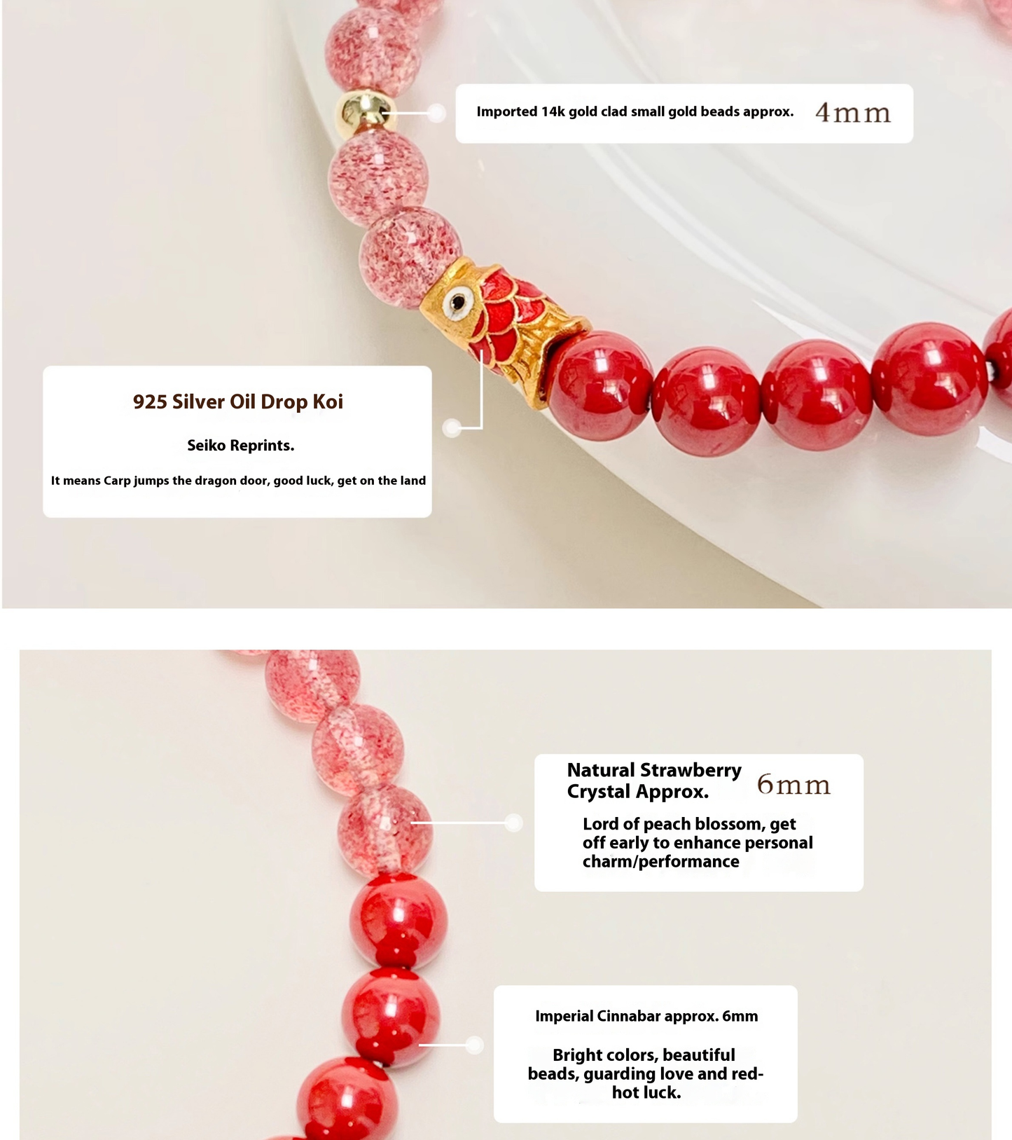 Fortune Fish Red Strawberry Quartz and Agate Bracelet with Gold Koi Charm