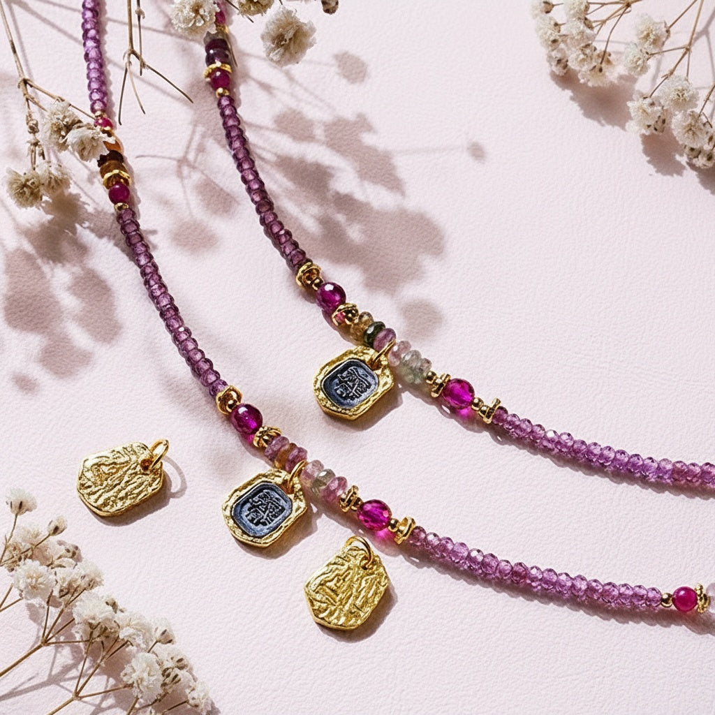 Imperial Tourmaline Blessing Necklace – Double-Strand 14K Gold-Plated Amulet Design for Wealth and Charm