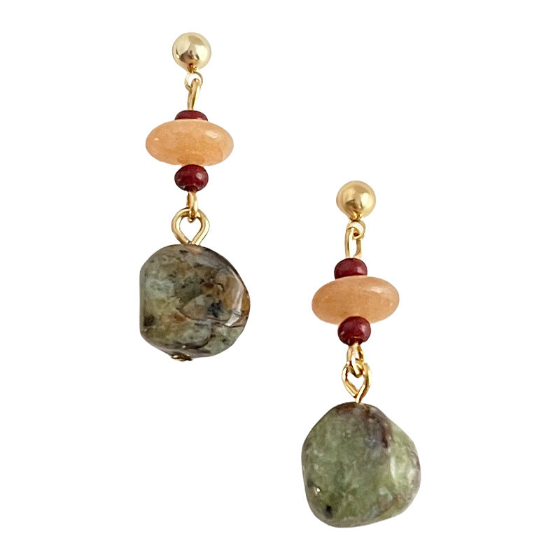 Jade & Flower Stone Drop Earrings – Red Agate Accents, 925 Silver Needle, Natural Protection