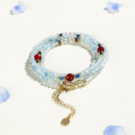 Iris Blue Crystal Beaded Bracelet & Choker Set – Red Agate & Gold Accent, Dual-Wear Design