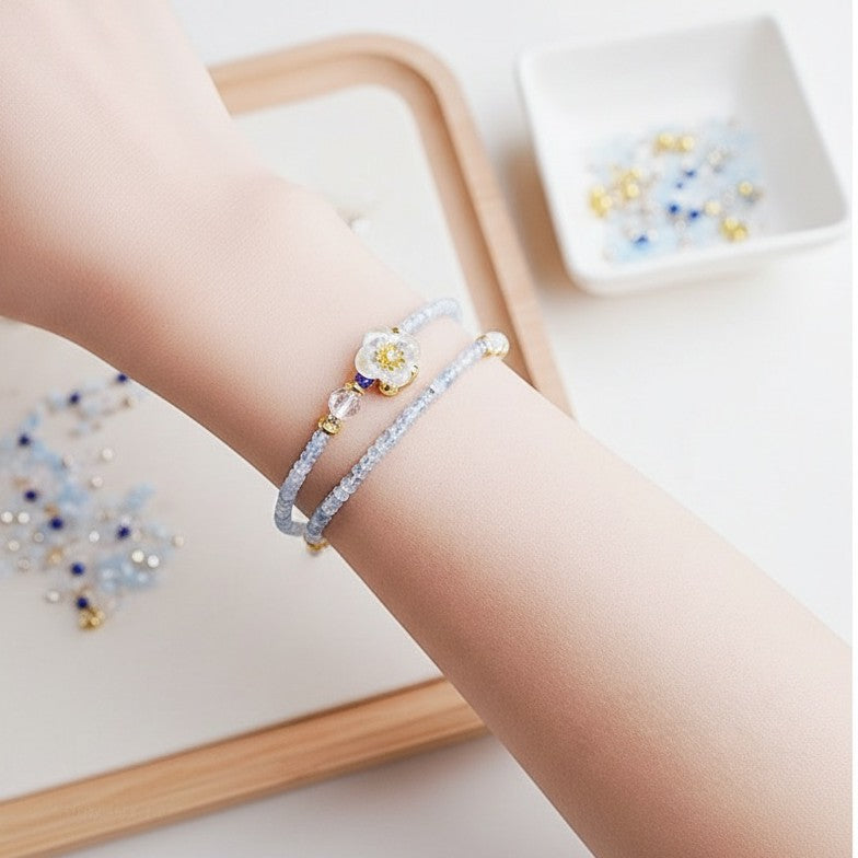 Camellia Bloom Crystal Bracelet – Double-Strand Light Blue Beaded Flower Bracelet for Women