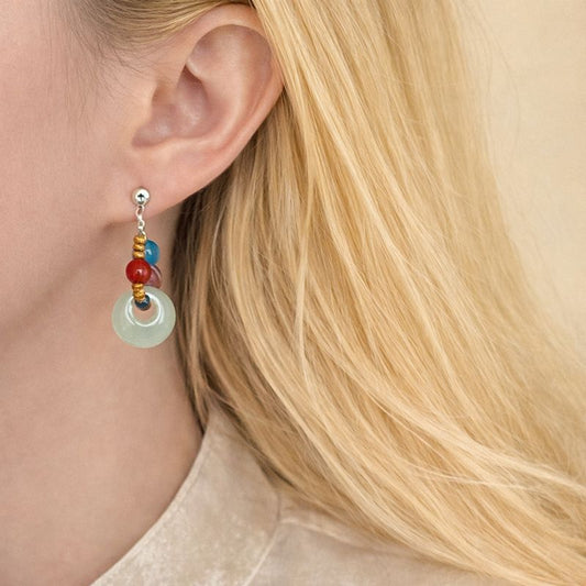 Jade Donut Hoop Earrings with Aquamarine & Red Agate | Handmade S925 Silver Stud Earrings
