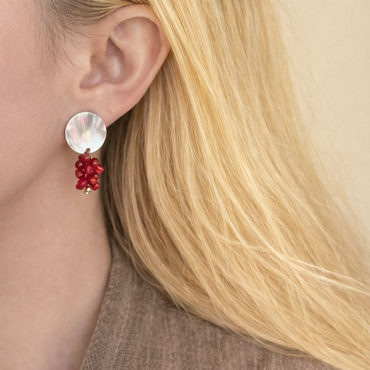 Handmade Shell Nacre and Red Bamboo Stud Earrings