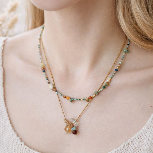 Artisan Nature Harmony Gemstone Necklace & Bracelet Set – Multicolor Healing Crystals with Gold Accents