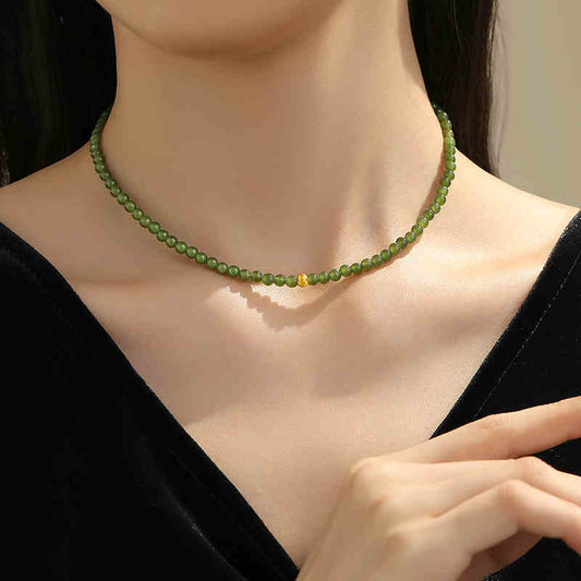 Green Jade Beaded Necklace with Plated Gold Bead – Prosperity & Harmony