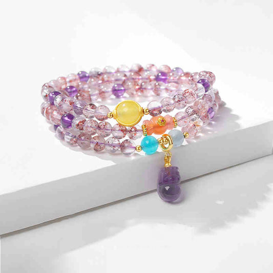 Multicolor Super Seven Crystal Amulet Bracelet with Carved Amethyst Charm
