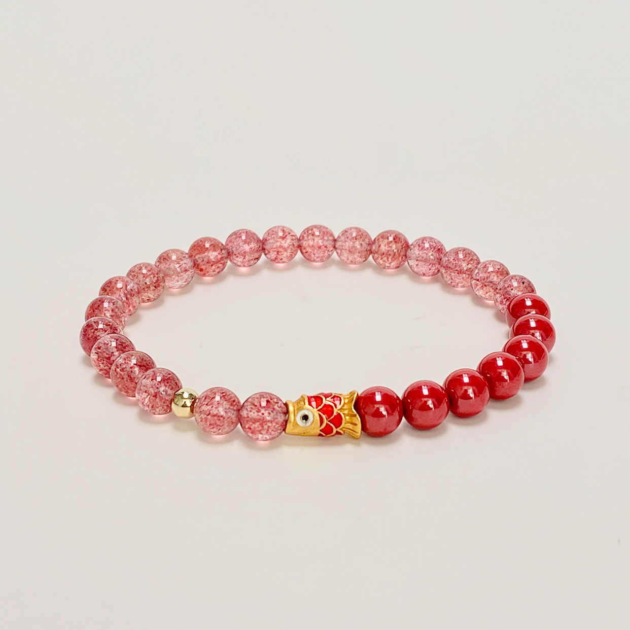 Fortune Fish Red Strawberry Quartz and Agate Bracelet with Gold Koi Charm