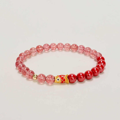 Fortune Fish Red Strawberry Quartz and Agate Bracelet with Gold Koi Charm