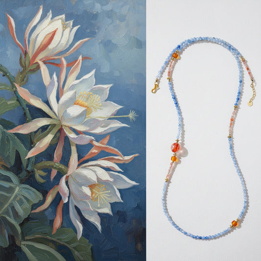 Beaded necklace with floral design on a white background
