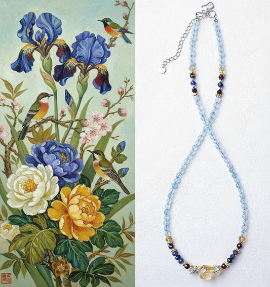 Beaded necklace with floral and bird illustration on a white background