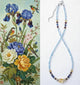 Beaded necklace with floral and bird illustration on a white background