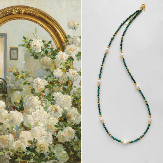 Emerald Harmony Green Gemstone & Freshwater Pearl Necklace – Protection, Balance & Elegant Connection