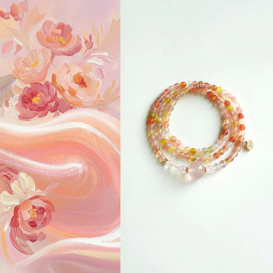 Beaded bracelet on a white background with floral painting on the left