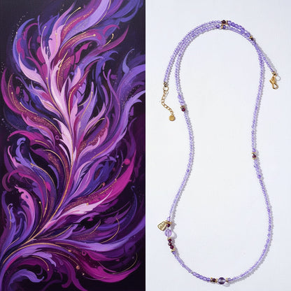 Purple feather artwork on the left and a beaded necklace on the right.