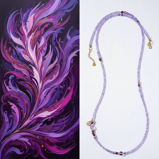 Purple feather artwork on the left and a beaded necklace on the right.