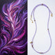 Purple feather artwork on the left and a beaded necklace on the right.
