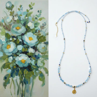 Collage of a floral painting on the left and a blue beaded necklace with a pendant on the right.