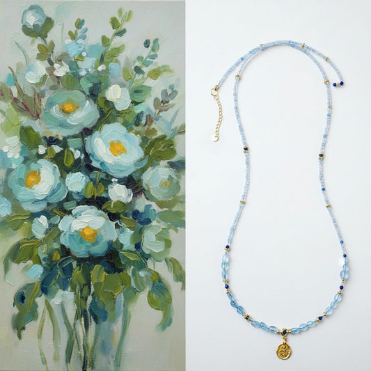 Collage of a floral painting on the left and a blue beaded necklace with a pendant on the right.