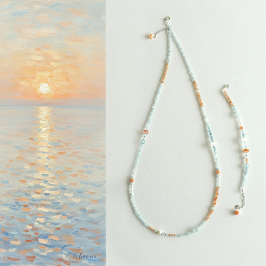 Sunset Horizon Beaded Necklace & Wrap Bracelet – Aquamarine, Moonstone & Sunstone Dual Wear Jewelry