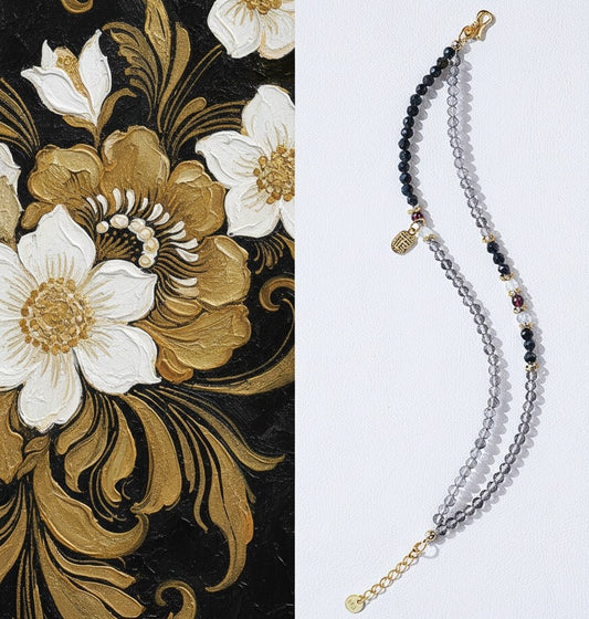 Black Obsidian & Garnet Double-Layer Crystal Bracelet – Gold Fortune Charm, Adjustable Design