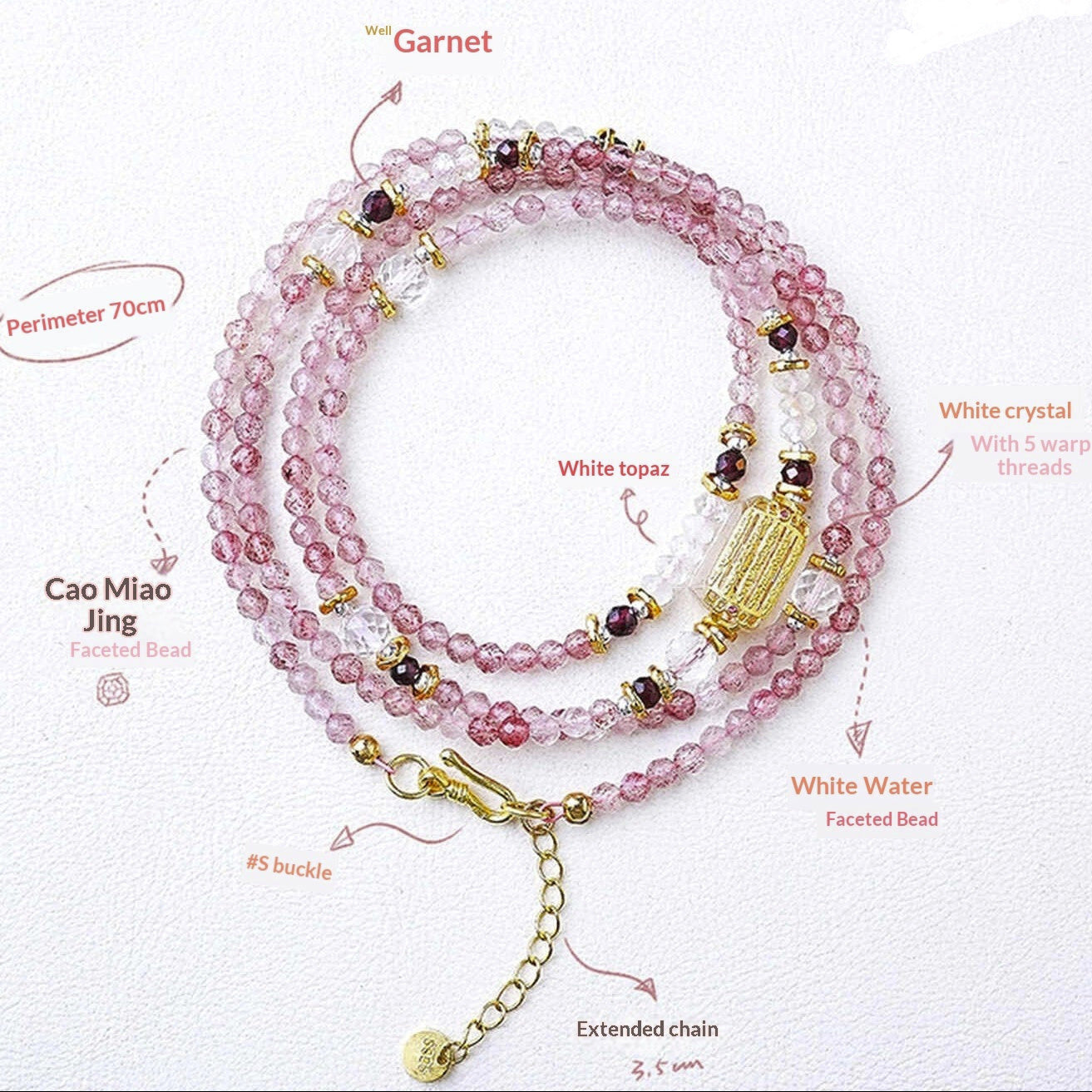 Pink beaded necklace with gold accents on a white background