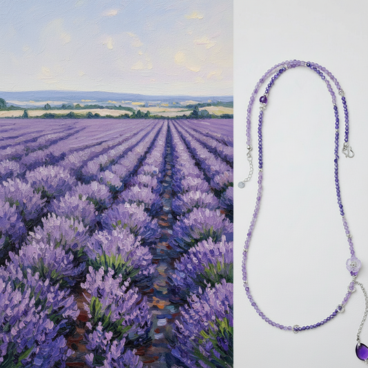 Collage of a lavender field painting and a purple beaded necklace.