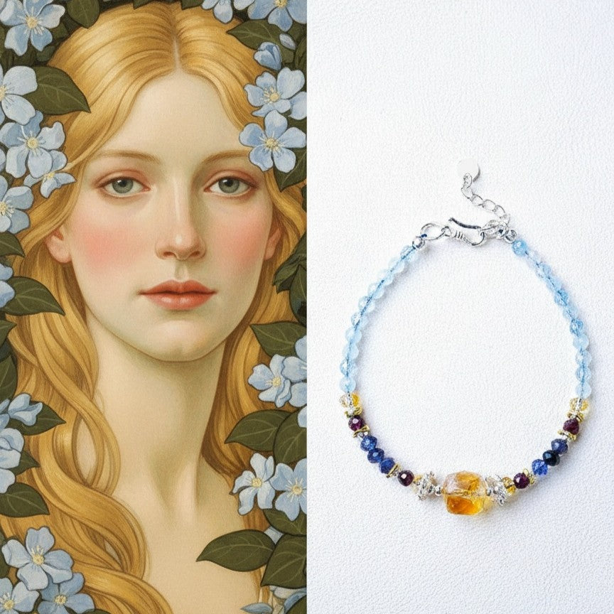 Jewelry with colorful beads on a white background next to an artistic depiction of a woman's face surrounded by flowers.