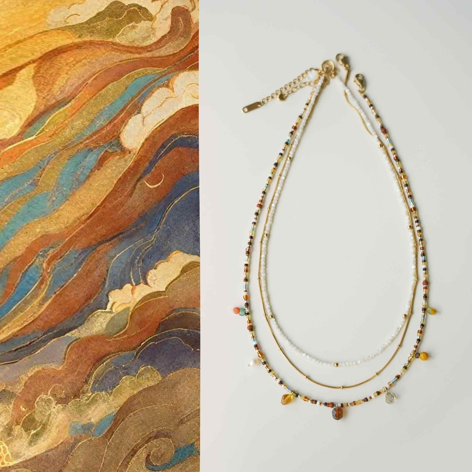 Necklace with beaded details on a light gray background