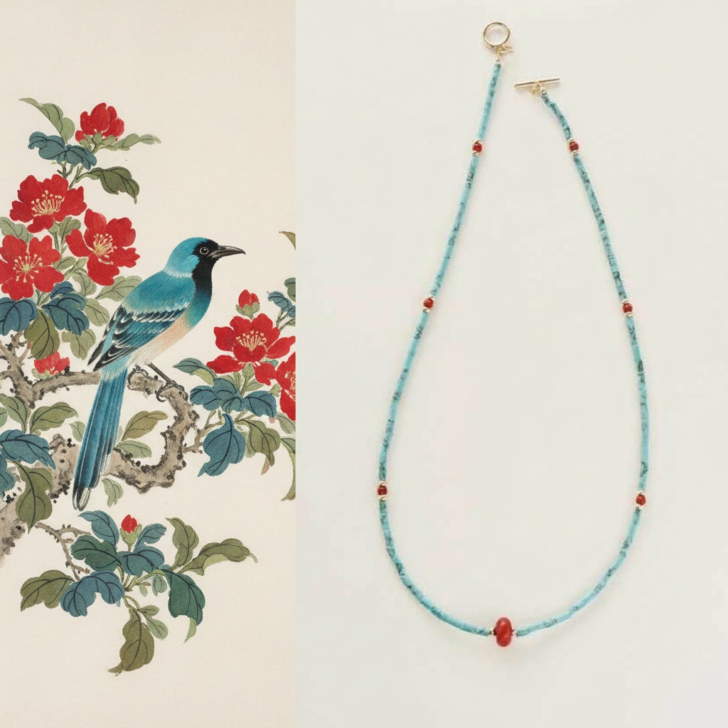 Beaded necklace with red and blue accents on a white background, next to a traditional Chinese painting of a bird and flowers.