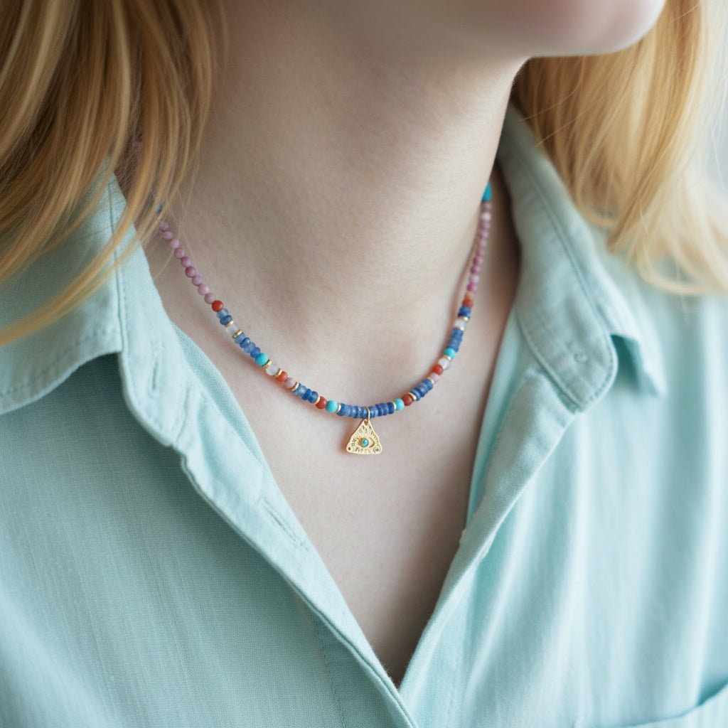 Celestial Triangle Amulet Beaded Necklace & Bracelet Set – Two-Way Wear for Balance & Protection