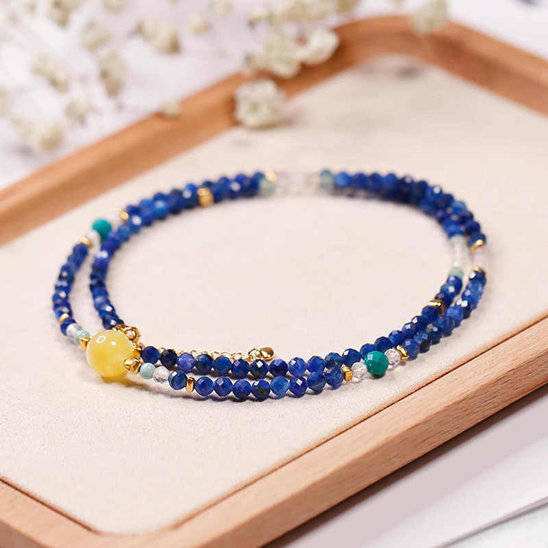 Starry Night Lapis Lazuli Convertible Necklace & Wrap Bracelet – Yellow Agate & Amazonite Energy Jewelry