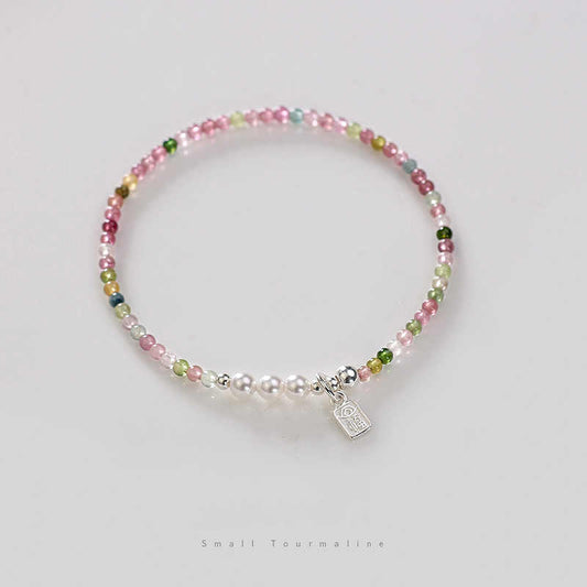 Rainbow Tourmaline & Freshwater Pearl Bracelet with 925 Silver Char