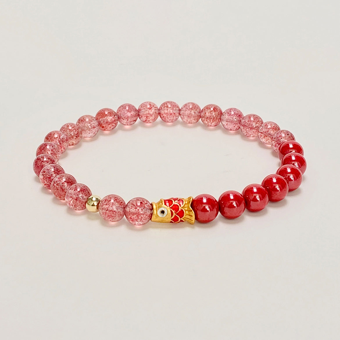 Fortune Fish Red Strawberry Quartz and Agate Bracelet with Gold Koi Charm