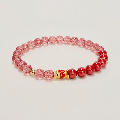 Fortune Fish Red Strawberry Quartz and Agate Bracelet with Gold Koi Charm
