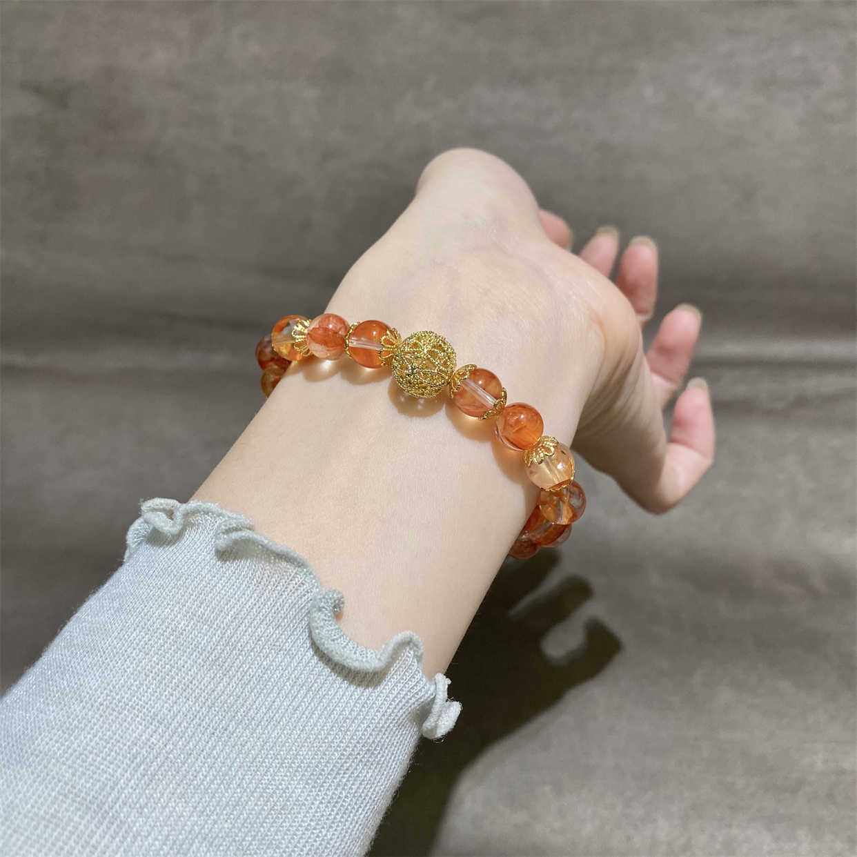 Prosperity Koi Red Rutilated Quartz Bracelet with Golden Sphere