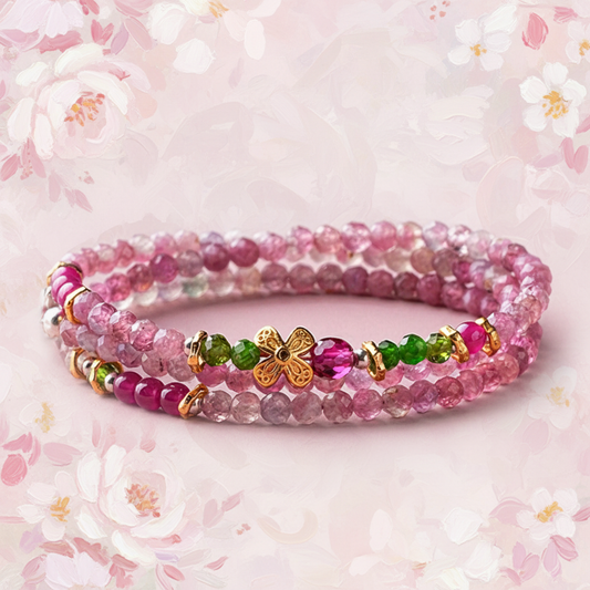 2-in-1 Pink Tourmaline & Green Garnet Beaded Jewelry – Wear as Necklace or Double-Layer Bracelet with Butterfly Charm