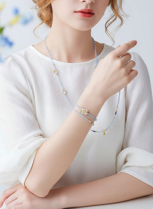 Camellia Bloom Crystal Bracelet – Double-Strand Light Blue Beaded Flower Bracelet for Women