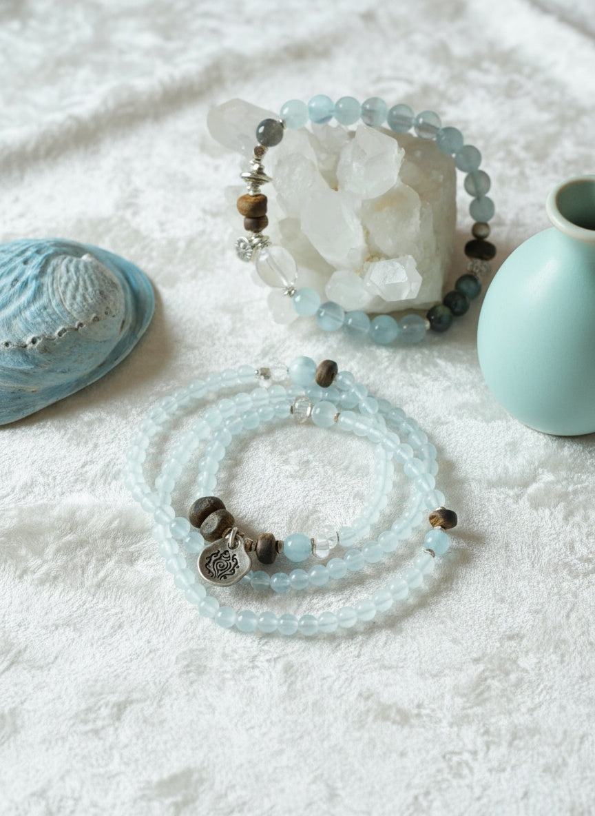 Ocean Whisper Aquamarine & Wood Crystal Wrap – Bracelet & Necklace 2-in-1