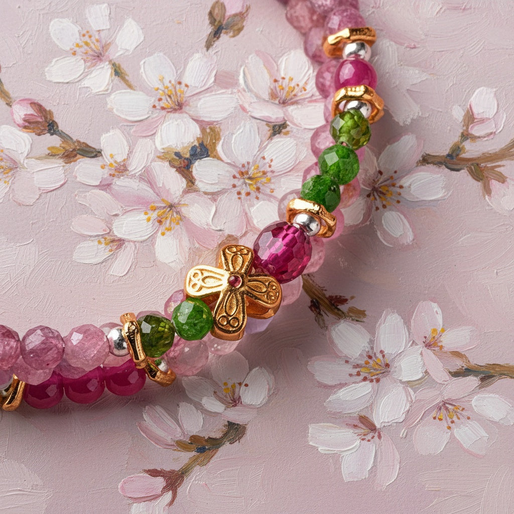2-in-1 Pink Tourmaline & Green Garnet Beaded Jewelry – Wear as Necklace or Double-Layer Bracelet with Butterfly Charm