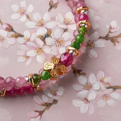 2-in-1 Pink Tourmaline & Green Garnet Beaded Jewelry – Wear as Necklace or Double-Layer Bracelet with Butterfly Charm