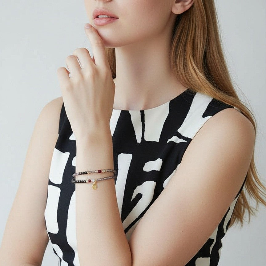 Black Obsidian & Garnet Double-Layer Crystal Bracelet – Gold Fortune Charm, Adjustable Design