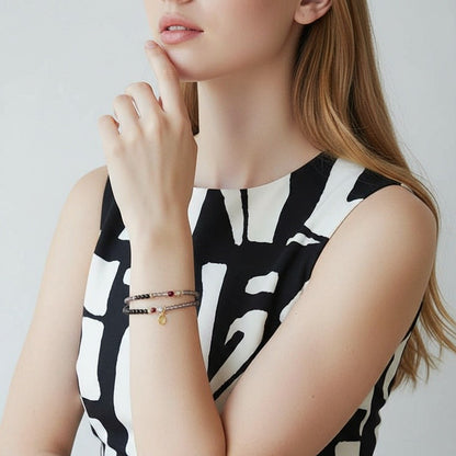 Black Obsidian & Garnet Double-Layer Crystal Bracelet – Gold Fortune Charm, Adjustable Design