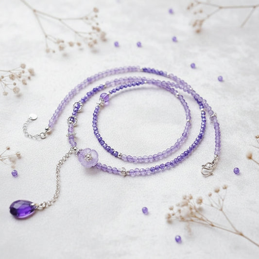Lavender Amethyst Crystal Necklace & Bracelet – 2-in-1 Floral Design for Peace & Intuition