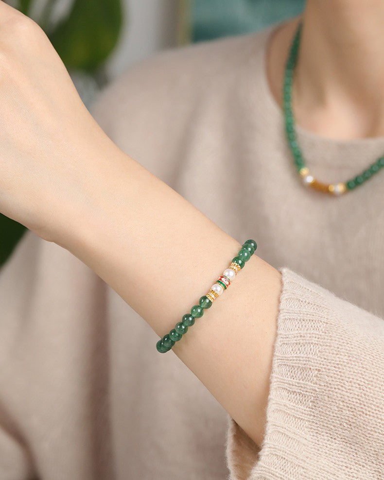 Green Aventurine Harmony Necklace Bracelet with Pearl & Enamel Gold Accent – Luck, Growth & Emotional Balance