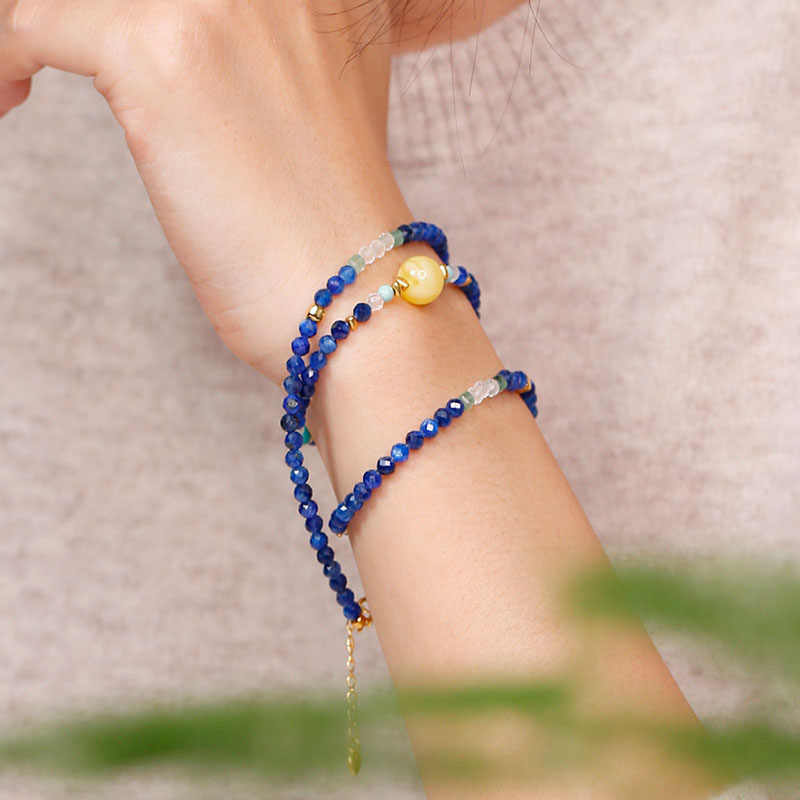 Starry Night Lapis Lazuli Convertible Necklace & Wrap Bracelet – Yellow Agate & Amazonite Energy Jewelry