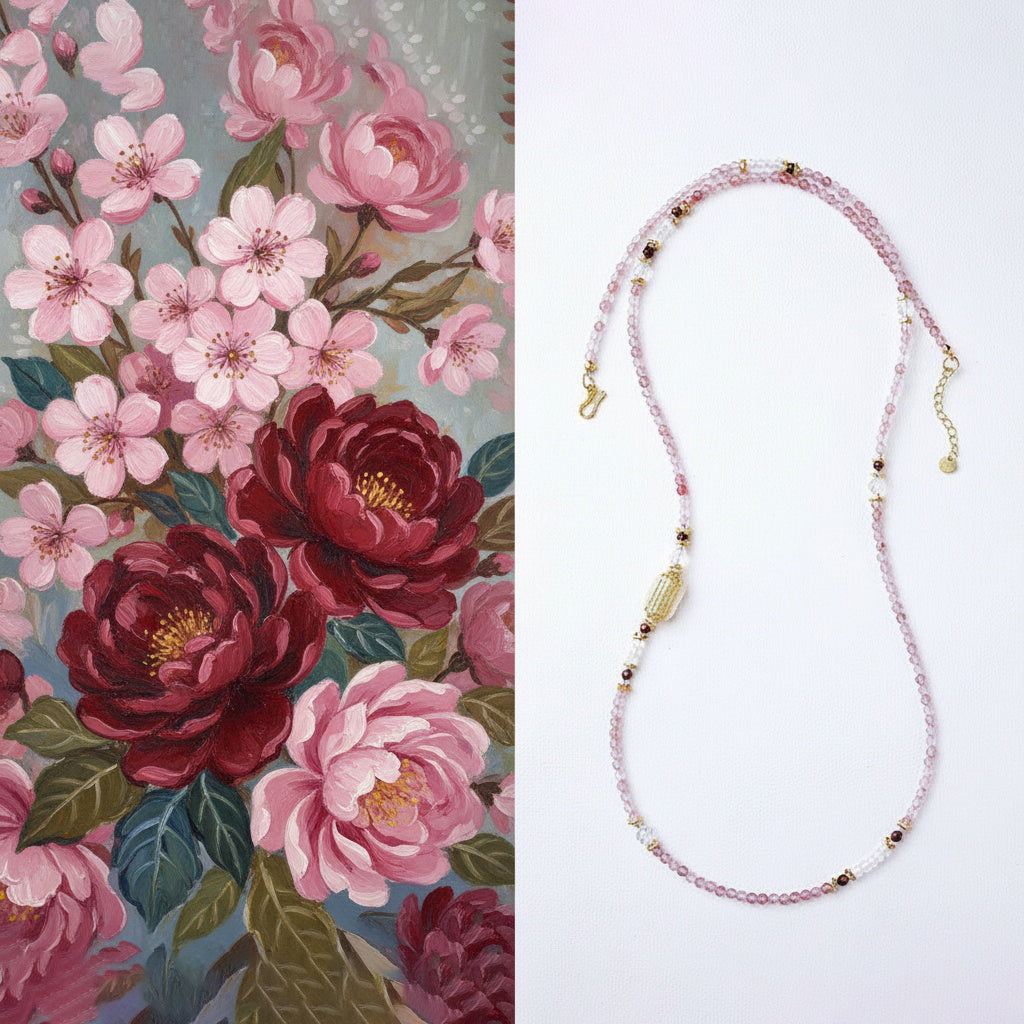 Beaded necklace with pink and gold accents on a white background, next to a floral pattern.