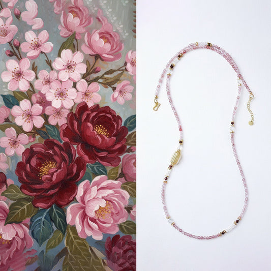 Beaded necklace with pink and gold accents on a white background, next to a floral pattern.