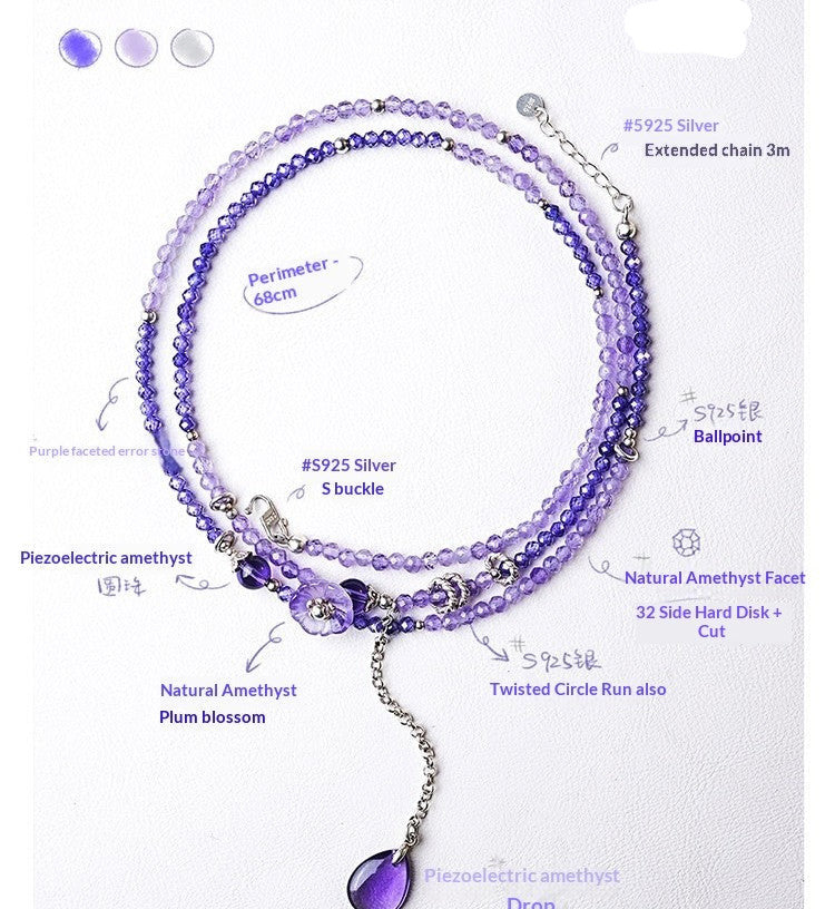Purple beaded necklace with detailed specifications on a white background