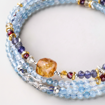 Multistrand beaded bracelet with various colored beads on a white background